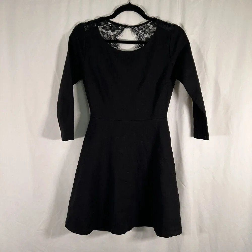 Lulu's Mini Dress Women's Small Black Lace Back Long Sleeve Round Neck Flare